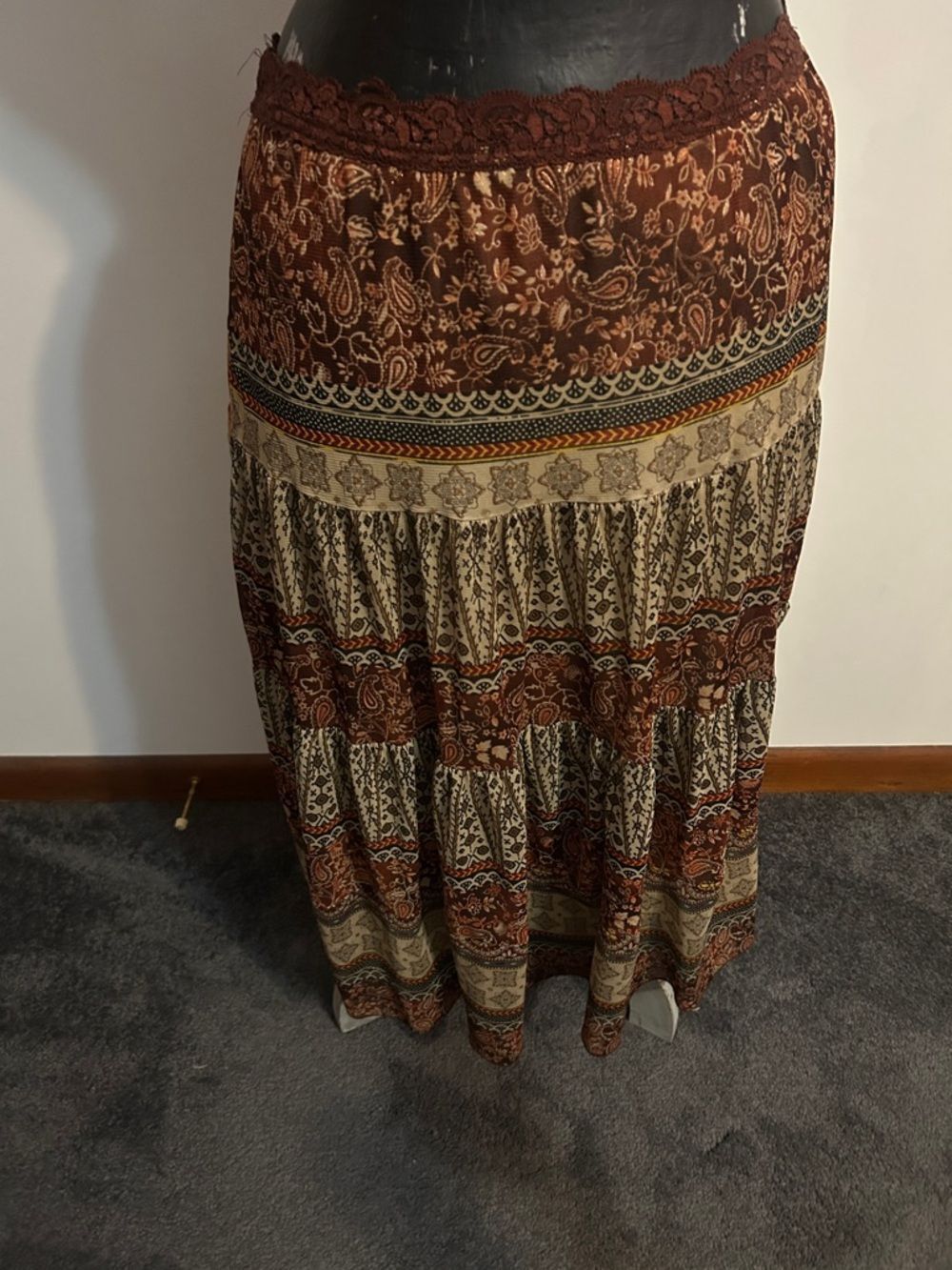Bohemian Tiered Paisley Maxi Skirt - Brown & Cream